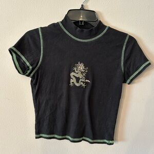 Brandy Melville Black Top with Green Stitching Dragon